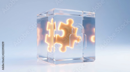 Transparent glass cube with puzzle and padlock protection conveys innovation and discoveries through conceptual blue security illustration