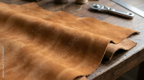 Brown leather hide on a wooden workbench in a workshop with craft tools