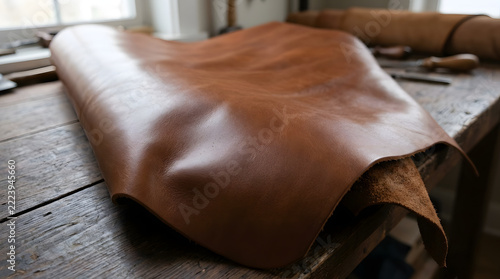 Premium Tan Leather Hide Resting on a Rustic Wooden Workshop Workbench for Handcrafted Artisan Projects and Traditional Leatherworking Craftsmanship