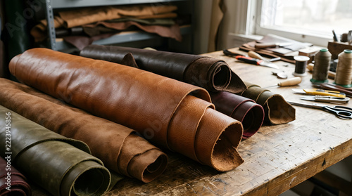 High quality rolls of natural leather hides on a wooden workbench in a traditional artisan craft workshop