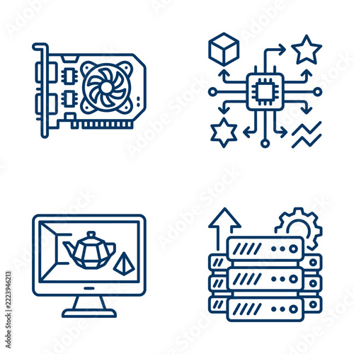 Set of computer hardware and digital technology line icons.
