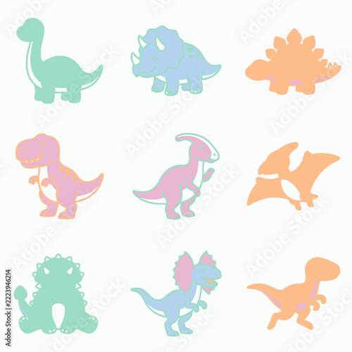 Set of Cute Pastel Dinosaur Silhouettes for Kids Design.