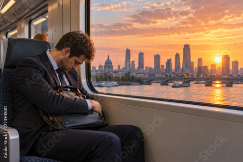 Exhausted Businessman Sleeping on a Commuter Train During Sunset