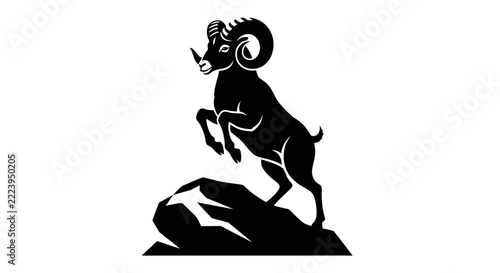 Ram Silhouette Jumping on Rock, Isolated, Transparent Background