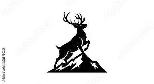 Majestic Stag Leaping Over Mountain Peaks, Isolated Silhouette