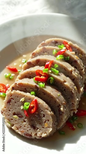 Authentic Sliced Steamed African Food Garnished with Fresh Chili Peppers on White Plate 4K Upscaled