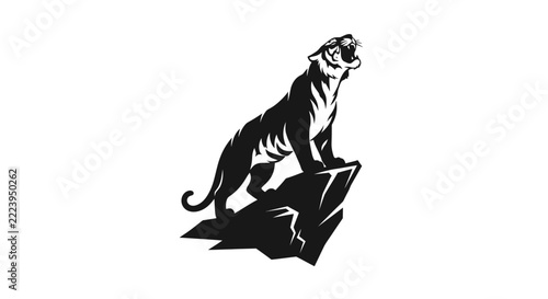 Roaring Tiger Silhouette on Rock, Isolated