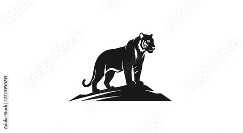 Silhouette tiger standing on rock, isolated on transparent background
