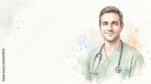 Friendly male doctor in green scrubs with stethoscope and watercolor background