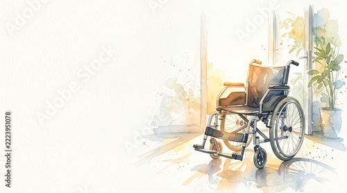 Wheelchair in Bright Room with Soft Sunlight and Green Plant Accents