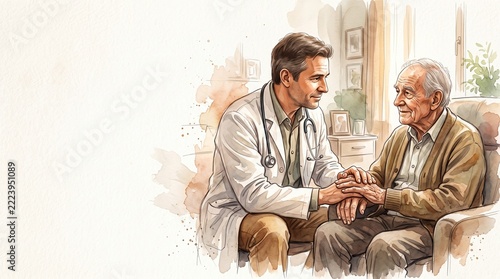 Compassionate Doctor Providing Care to Elderly Patient in Soft Watercolor Style