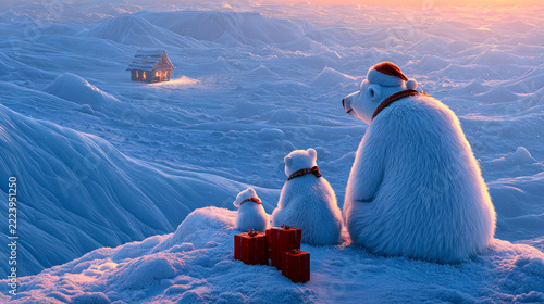 a polar bear family wearing colorful scarves and Santa hats sitting near red gift boxes.