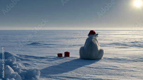polar bear wearing Santa hats sitting near red gift boxes.