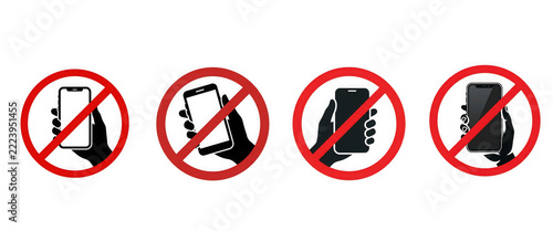 Set of no mobile phone signs with hand holding smartphone isolated on transparent background