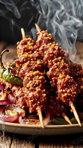 Traditional Nigerian Suya Beef Skewers with Spicy Peanuts and Peppers, Popular African Food