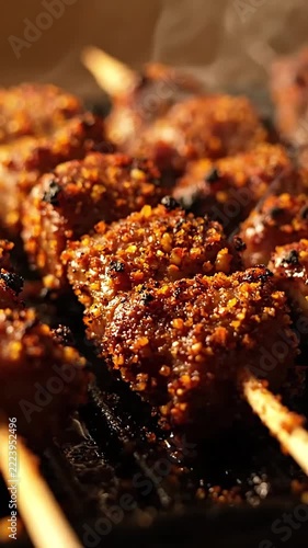 Delicious spicy african food beef suya skewers grilling over charcoal with smoke in 4K resolution