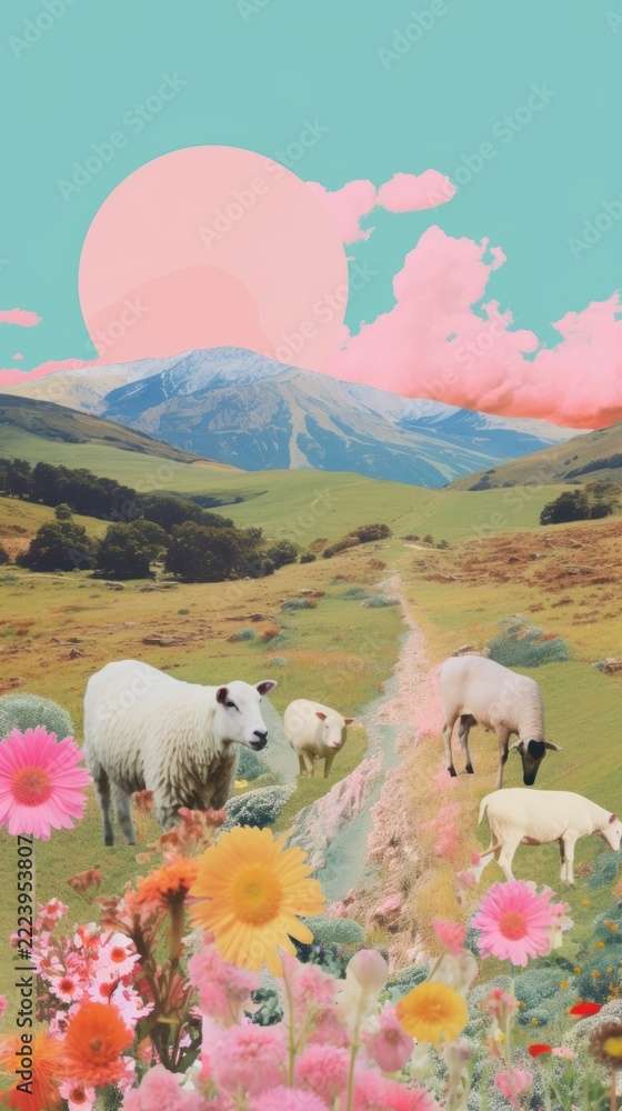 Fototapeta premium Countryside craft collage landscape grassland livestock.