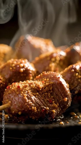 Close-up of Hot Steaming African Food Grilled Beef Skewers with Spicy Peanut Coating 34 4K Upscaled
