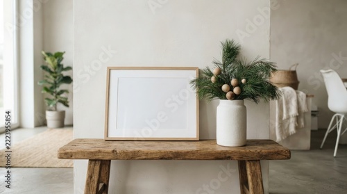 Empty picture frame on a wooden bench in a bright room