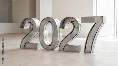 Two thousand twenty seven year sculpture photo. Large metal numbers 2027 standing on a polished floor in a bright modern building interior. Futuristic corporate design and business concept