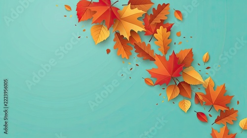 Autumn leaves floating diagonally on light blue background with diagonal pattern against scatter float diagonal soft blue backdrop colorful autumn illustration illustrative backgrounds seasonal