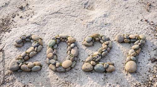 Year 2027 numbers photo. Small smooth river rocks and pebbles arranged into digits on a textured grey sand ground. Natural outdoor concept composition for future planning and calendar designs