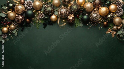 Christmas ornaments in black and gold on dark background