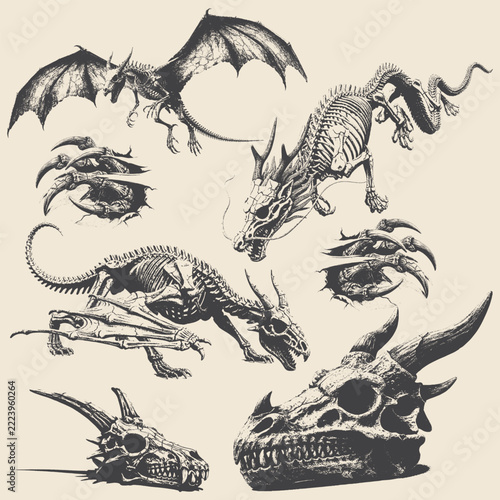 Vintage ink illustrations of dragon skeleton anatomy.