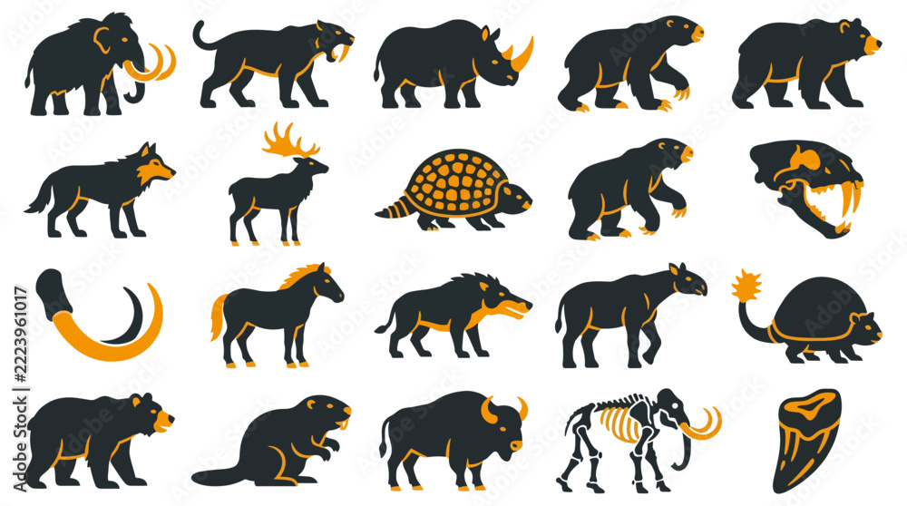 Fototapeta premium Stylized illustrations of prehistoric animals in dark silhouettes with golden accents on.