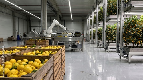 Automated Fruit Processing Facility with Fresh Lemons and Oranges