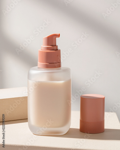 Beige Cosmetic Pump Bottle with Rose Gold Dispenser on Sunlit Surface