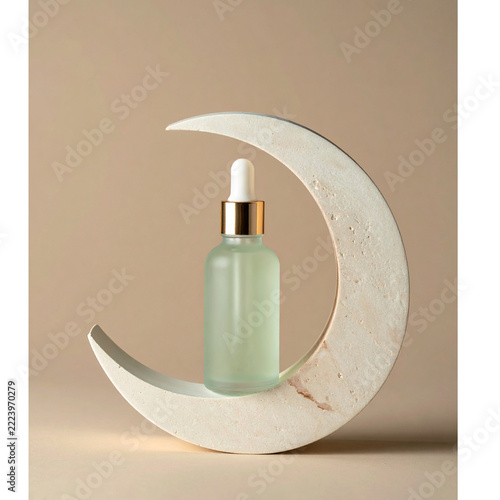 Elegant Green Cosmetic Serum Bottle with Crescent Moon Display
