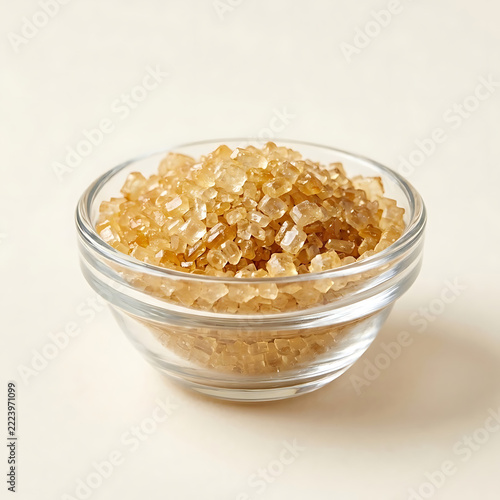 Glass bowl filled with brown sugar crystals isolated on a transparent