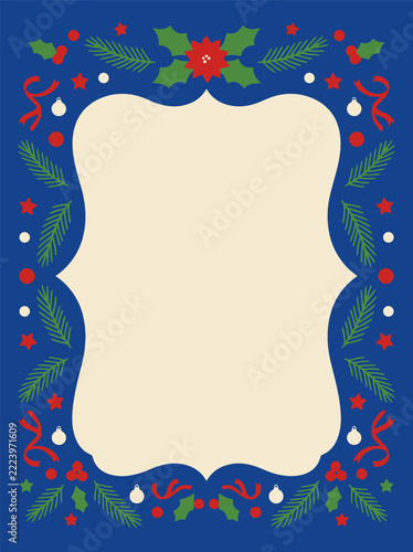 Decorative Christmas holiday border frame with poinsettia flowers holly leaves berries and ornaments on a deep blue background with empty copy space in the center.