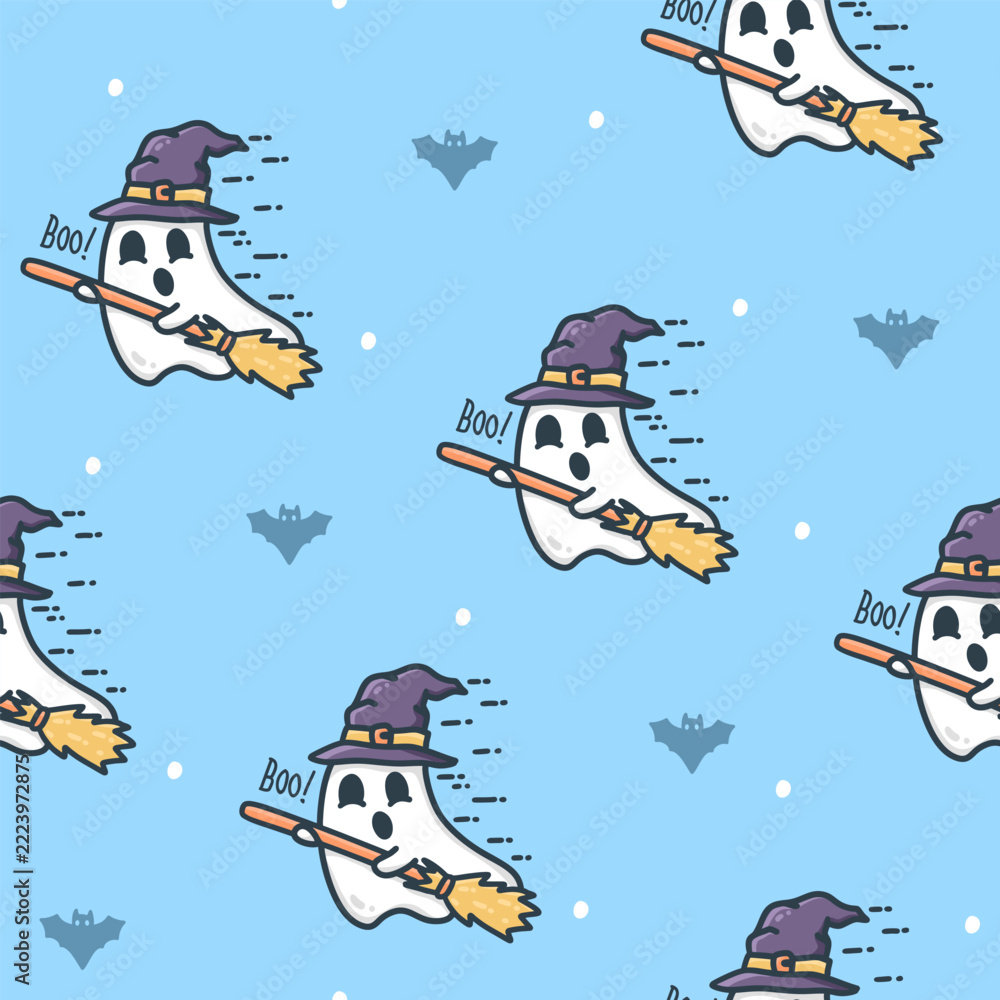 Fototapeta premium Seamless Halloween Ghost Pattern With Bats