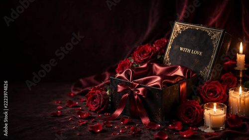 Valentine's Day Romance: An exquisitely wrapped gift box, adorned with a satin ribbon and surrounded by lush red roses and flickering candles, evokes a sense of deep love and romantic celebration.