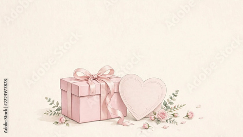 Soft Pink Gift Box with Heart Decor: A delicate pink gift box tied with a satin ribbon, adorned with soft pink roses and greenery, alongside a heart-shaped tag.