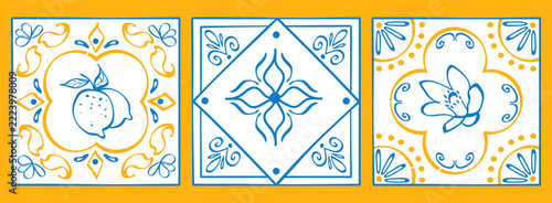 Set of Mediterranean ceramic tiles. Floral mosaic motifs. Traditional Italian and Portuguese style design. Vector illustration.