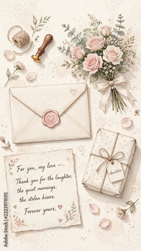 Love Letter and Gift Arrangement: A beautiful, intimate arrangement featuring a sealed love letter, a bouquet of delicate roses, a wrapped gift, and crafting supplies.