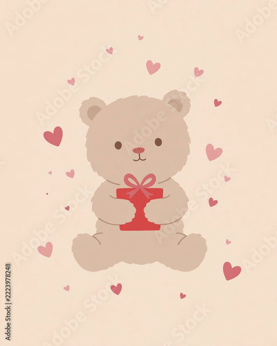 A Bear Hugging a Gift: A sweet, fluffy teddy bear sits and holds a red gift box with a bow in front of a pastel background adorned with small pink hearts.