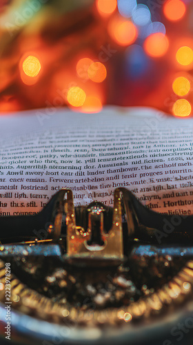 Journalism & Truth Symbolism Classic typewriters, blurred documents, ethical expression in dramatic light.