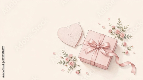 A Delicate Celebration of Love: A soft pink gift box adorned with a satin ribbon, accompanied by a heart-shaped card and delicate floral accents, evokes feelings of affection and thoughtful gifting.
