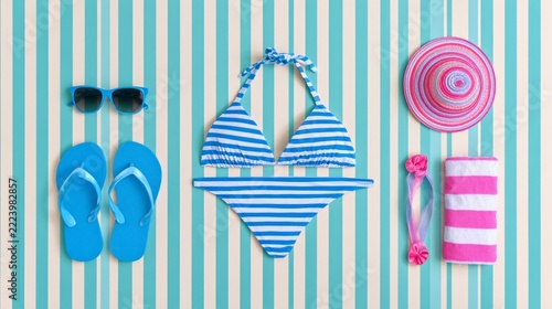 Summer Flat Lay Featuring Bright Sunglasses, Swimwear, Beach Accessories, and Relaxing Items