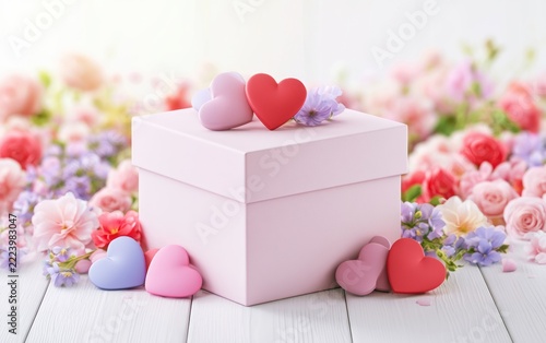 Romantic Gift Box Surrounded by Beautiful Flowers and Colorful Hearts for Special Occasions