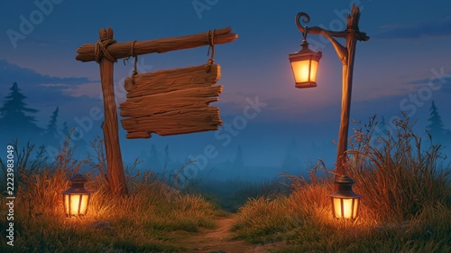 Rustic Halloween Display with Lanterns and Wooden Sign in a Mysterious Landscape at Dusk