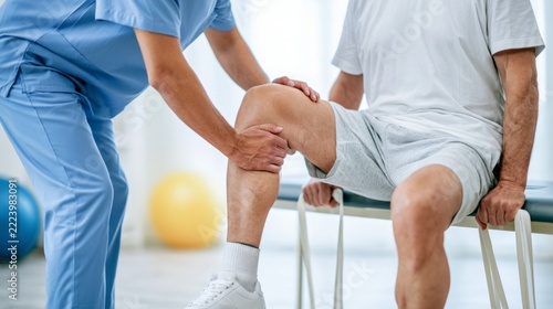 Physical Therapy Session with Therapist Assisting Patient in Knee Rehabilitation Exercise