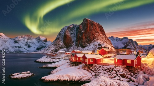 Scenic Scandinavian Village Under Northern Lights in Winter Wonderland with Mountain Backdrop