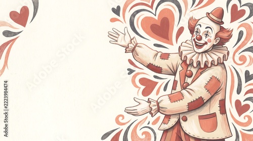Vintage Hand Drawn Circus Clown Gesturing Towards Copy Space Heart Banner Illustration