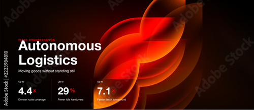 Marketing graphic promoting autonomous logistics solutions. Features vibrant red shapes, statistics, text about fleet orchestration, moving goods efficiently.