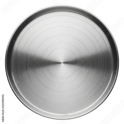 Shiny round metal coin shape with a brushed steel texture surface isolated on transparent background